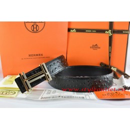 Hermes Black/Black Ostrich Stripe Leather Reversible Belt 18K Gold H au Carre Buckle