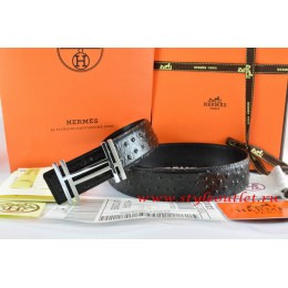 Hermes Black/Black Ostrich Stripe Leather Reversible Belt 18K Silver H au Carre Buckle