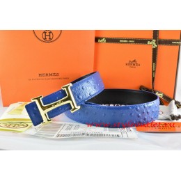 Hermes Blue/Black Ostrich Stripe Leather Reversible Belt 18K Gold Idem With Logo Buckle