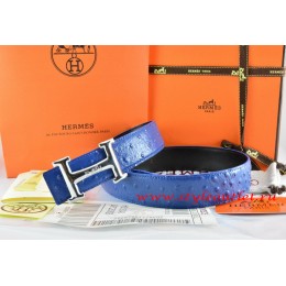 Hermes Blue/Black Ostrich Stripe Leather Reversible Belt 18K Silver Idem With Logo Buckle
