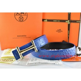 Hermes Blue/Black Ostrich Stripe Leather Reversible Belt 18K Gold Idem Buckle