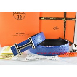 Hermes Blue/Black Ostrich Stripe Leather Reversible Belt 18K Black Gold Idem Buckle