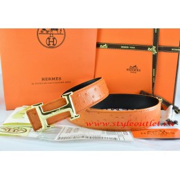 Hermes Orange/Black Ostrich Stripe Leather Reversible Belt 18K Gold Idem With Logo Buckle