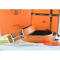 Hermes Orange/Black Ostrich Stripe Leather Reversible Belt 18K Silver Idem With Logo Buckle