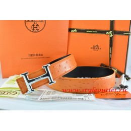 Hermes Orange/Black Ostrich Stripe Leather Reversible Belt 18K Silver Idem With Logo Buckle