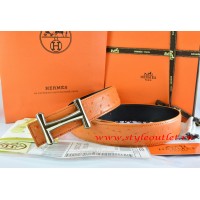 Hermes Orange/Black Ostrich Stripe Leather Reversible Belt 18K Gold Idem Buckle