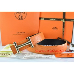 Hermes Orange/Black Ostrich Stripe Leather Reversible Belt 18K Gold Idem Buckle