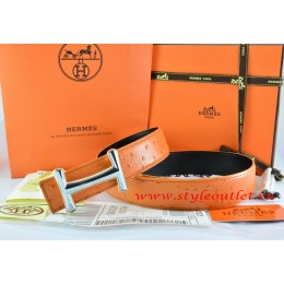 Hermes Orange/Black Ostrich Stripe Leather Reversible Belt 18K Silver Idem Buckle