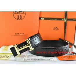 Hermes Black/Black Ostrich Stripe Leather Reversible Belt 18K Gold Idem With Logo Buckle