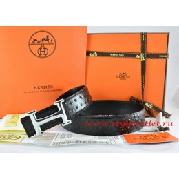 Hermes Black/Black Ostrich Stripe Leather Reversible Belt 18K Silver Idem With Logo Buckle