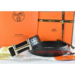 Hermes Black/Black Ostrich Stripe Leather Reversible Belt 18K Gold Idem Buckle