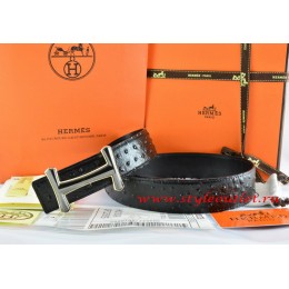 Hermes Black/Black Ostrich Stripe Leather Reversible Belt 18K Black Gold Idem Buckle