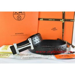 Hermes Black/Black Ostrich Stripe Leather Reversible Belt 18K Silver Idem Buckle