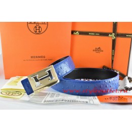 Hermes Blue/Black Ostrich Stripe Leather Reversible Belt 18K Gold Big H Buckle
