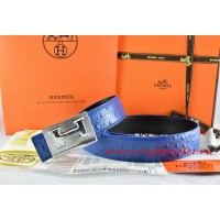 Hermes Blue/Black Ostrich Stripe Leather Reversible Belt 18K Silver Big H Buckle