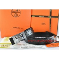 Hermes Black/Black Ostrich Stripe Leather Reversible Belt 18K Silver Big H Buckle