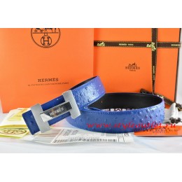 Hermes Blue/Black Ostrich Stripe Leather Reversible Belt 18K Silver H Logo Buckle