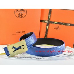 Hermes Blue/Black Ostrich Stripe Leather Reversible Belt 18K Gold Hollow Horse Buckle