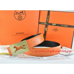 Hermes Orange/Black Ostrich Stripe Leather Reversible Belt 18K Gold Hollow Horse Buckle