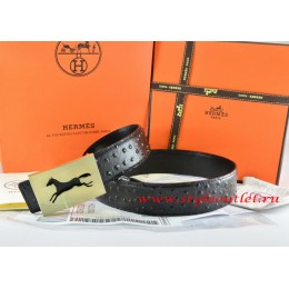 Hermes Black/Black Ostrich Stripe Leather Reversible Belt 18K Gold Hollow Horse Buckle