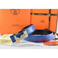 Hermes Blue/Black Ostrich Stripe Leather Reversible Belt 18K Gold Coach Buckle