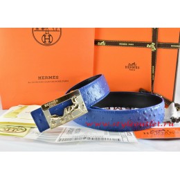 Hermes Blue/Black Ostrich Stripe Leather Reversible Belt 18K Gold Coach Buckle