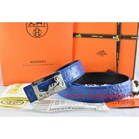 Hermes Blue/Black Ostrich Stripe Leather Reversible Belt 18K Silver Coach Buckle