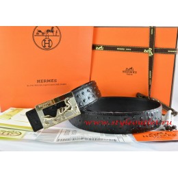 Hermes Black/Black Ostrich Stripe Leather Reversible Belt 18K Gold Coach Buckle