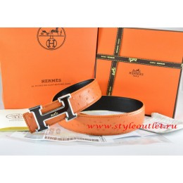 Hermes Orange/Black Ostrich Stripe Leather Reversible Belt 18K Black Silver White Logo H Buckle