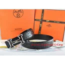 Hermes Black/Black Ostrich Stripe Leather Reversible Belt 18K Black Silver White Logo H Buckle