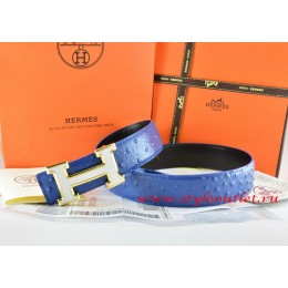 Hermes Blue/Black Ostrich Stripe Leather Reversible Belt 18K White Gold H Buckle