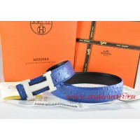 Hermes Blue/Black Ostrich Stripe Leather Reversible Belt 18K White Silver H Buckle