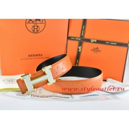 Hermes Orange/Black Ostrich Stripe Leather Reversible Belt 18K White Gold H Buckle