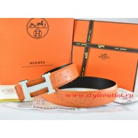 Hermes Orange/Black Ostrich Stripe Leather Reversible Belt 18K White Silver H Buckle