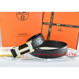 Hermes Black/Black Ostrich Stripe Leather Reversible Belt 18K White Gold H Buckle