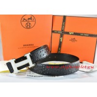 Hermes Black/Black Ostrich Stripe Leather Reversible Belt 18K White Silver h Buckle