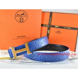 Hermes Blue/Black Ostrich Stripe Leather Reversible Belt 18K Orange Silver Narrow H Buckle