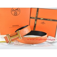 Hermes Orange/Black Ostrich Stripe Leather Reversible Belt 18K Orange Silver Narrow H Buckle