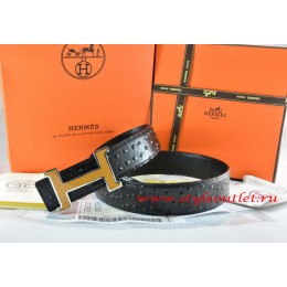 Hermes Black/Black Ostrich Stripe Leather Reversible Belt 18K Orange Silver Narrow H Buckle