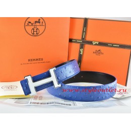 Hermes Blue/Black Ostrich Stripe Leather Reversible Belt 18K White Silver Narrow H Buckle
