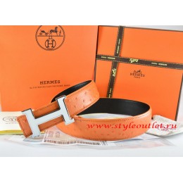 Hermes Orange/Black Ostrich Stripe Leather Reversible Belt 18K White Silver Narrow H Buckle