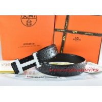 Hermes Black/Black Ostrich Stripe Leather Reversible Belt 18K White Silver Narrow H Buckle