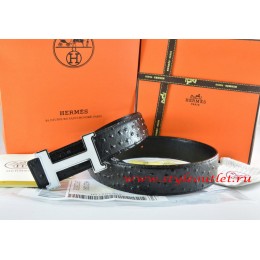 Hermes Black/Black Ostrich Stripe Leather Reversible Belt 18K White Silver Narrow H Buckle
