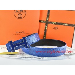 Hermes Blue/Black Ostrich Stripe Leather Reversible Belt 18K Blue Silver Narrow H Buckle