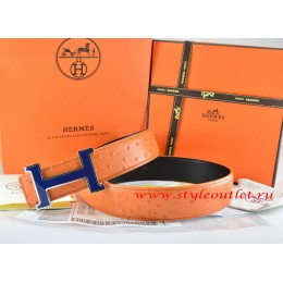 Hermes Orange/Black Ostrich Stripe Leather Reversible Belt 18K Blue Silver Narrow H Buckle