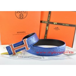 Hermes Blue/Black Ostrich Stripe Leather Reversible Belt 18K Brown Silver Narrow H Buckle