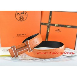 Hermes Orange/Black Ostrich Stripe Leather Reversible Belt 18K Brown Silver Narrow H Buckle
