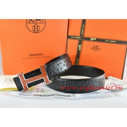 Hermes Black/Black Ostrich Stripe Leather Reversible Belt 18K Brown Silver Narrow H Buckle