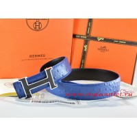 Hermes Blue/Black Ostrich Stripe Leather Reversible Belt 18K Black Silver Narrow H Buckle
