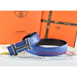 Hermes Blue/Black Ostrich Stripe Leather Reversible Belt 18K Black Silver Narrow H Buckle